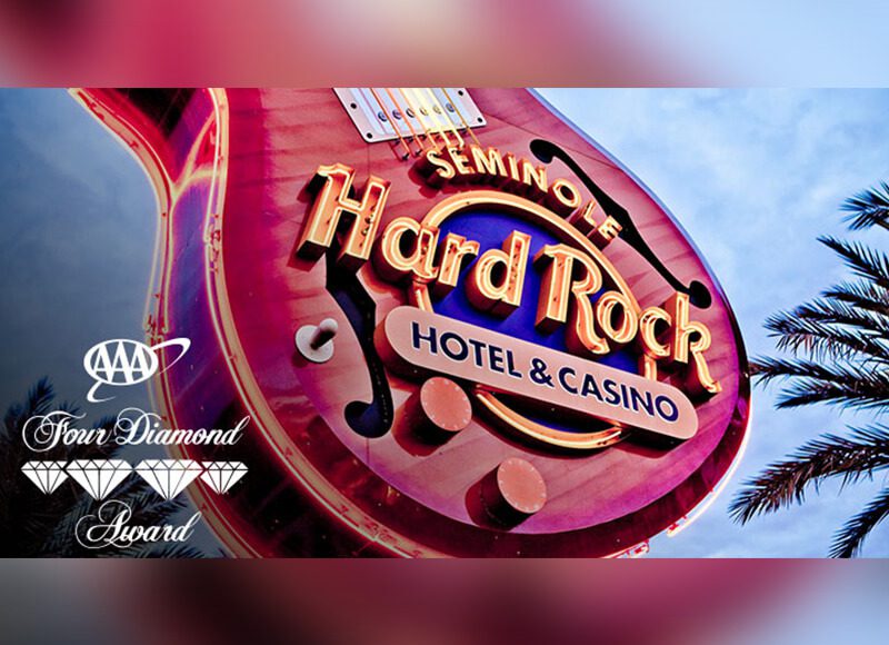 A close-up of Hard Rock Casino stand signage