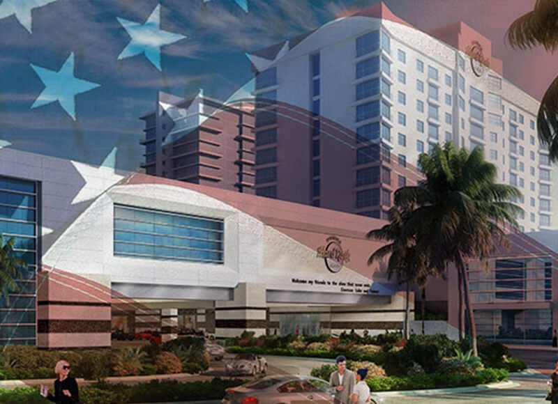 A full shot of the Hard Rock Casino front with an American flag overlay.